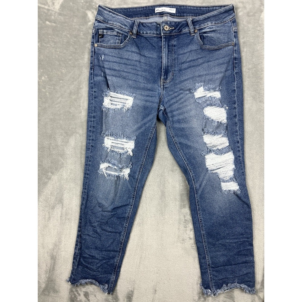 Kancan Maurices High Rise Distressed Raw Hem Straight Leg Denim Blue Jean Sz 16